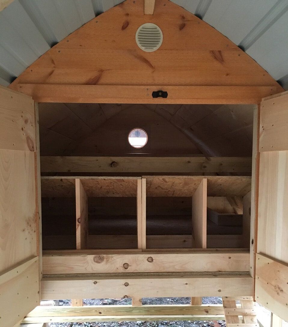 gable vent, moveable nest boxes, ergonomic access to coop interior
